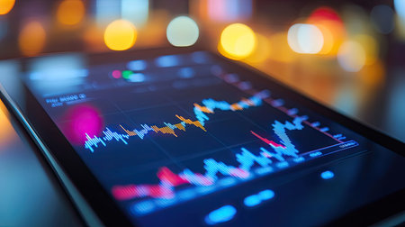 A stock market graph displayed on a tablet, showing rising and falling trends, with financial data and numbers in the background.の素材