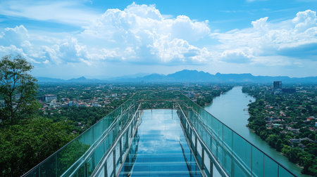 A stunning view from the Skywalk Observation Deck in Kanchanaburi, Thailand, with transparent glass flooring offering breathtaking views of the city and river below on a sunny summer day.の素材