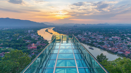 A stunning view from the Skywalk Observation Deck in Kanchanaburi, Thailand, with transparent glass flooring offering breathtaking views of the city and river below on a sunny summer day.の素材