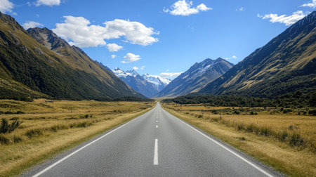 A straight road through a valley, flanked by towering mountains, with a pristine blue sky overhead.の素材