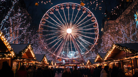 A stunning scene at Brussels' Christmas market, featuring an illuminated Ferris wheel spinning above festive crowds, surrounded by twinkling lights and holiday decorations.の素材