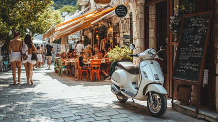 A stylish white scooter parked outside a charming cafe in Brela, with tourists walking by and enjoying their summer vacation.の素材