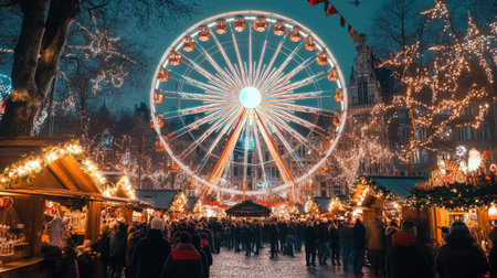 A stunning scene at Brussels' Christmas market, featuring an illuminated Ferris wheel spinning above festive crowds, surrounded by twinkling lights and holiday decorations.の素材