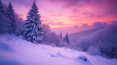 A serene winter scene in the Bieszczady Mountains, with a snow-covered forest glowing under a colorful sunset sky.の素材