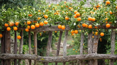 A rustic fence decorated with fruit-laden branches from an orange tree. The vibrant oranges and green foliage add a natural charm to the garden.の素材