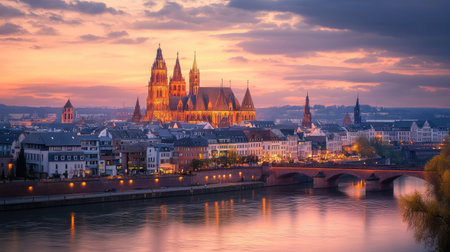 A stunning evening view of the Mainz Cathedral, with the cathedral glowing against a twilight sky, and the surrounding city bathed in soft, warm light.の素材