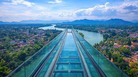 A stunning view from the Skywalk Observation Deck in Kanchanaburi, Thailand, with transparent glass flooring offering breathtaking views of the city and river below on a sunny summer day.の素材