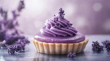 A single purple yam tart with delicate details, captured in selective focus, with a softly blurred background enhancing the dessert's elegance.の素材