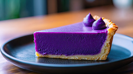 A slice of purple yam tart on a plate, with selective focus on the vibrant filling and a blurred background, highlighting the dessert's rich color.の素材