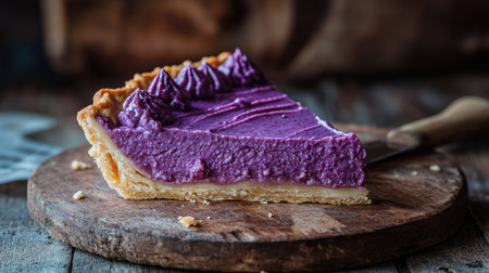 A slice of purple sweet potato tart with rich filling, captured with selective focus, emphasizing the details of the crust and filling against a soft, blurred background.の素材