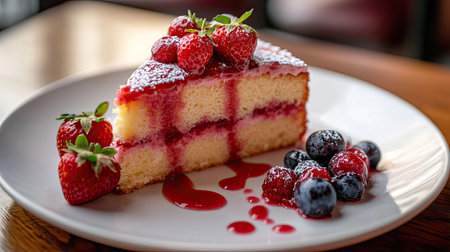 A slice of strawberry cake with a drizzle of strawberry sauce and fresh berries on the side, served on a white plate.の素材
