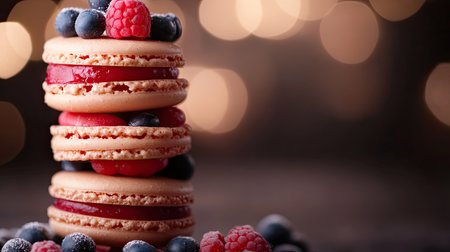 A stack of macarons with vibrant berry filling, with a blurry background of soft light, emphasizing the delicacy and color of the dessert.の素材