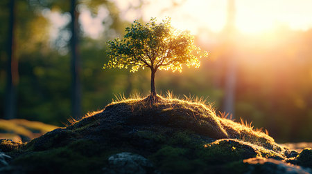 A small tree on a mound of soil, with a peaceful natural setting and the first light of day shining through.の素材