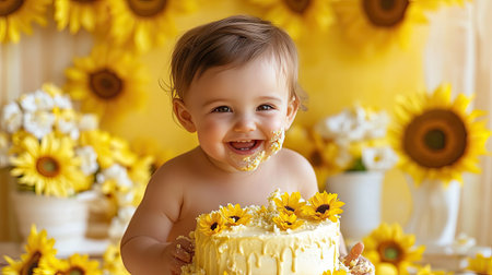 A sunflower-themed cake smash setup with a cake adorned with sunflower decorations, bright yellow backdrop, and cheerful sunflower garlands. Perfect for milestone celebrations.の素材