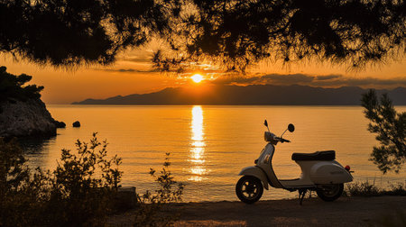 A sunset view in Brela, with a white scooter parked by the beach, silhouetted against the golden sky and reflecting on the calm waters.の素材