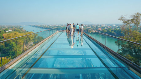 A thrilling summer experience on Kanchanaburi's Skywalk Observation Deck, with a transparent glass floor revealing sweeping views of the river and city beneath.の素材