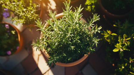 A top-down view of a rosemary plant in a pot, surrounded by other herbs, on a sunny balcony garden, highlighting urban gardening.の素材