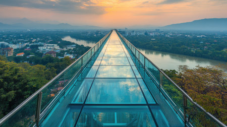 A thrilling summer experience on Kanchanaburi's Skywalk Observation Deck, with a transparent glass floor revealing sweeping views of the river and city beneath.の素材