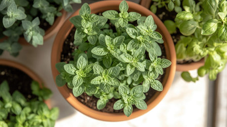 A top view of oregano growing in a terracotta pot, surrounded by other culinary herbs on a sunny kitchen windowsill.の素材