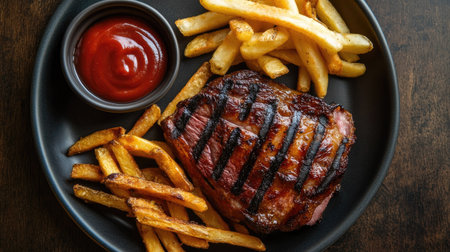 A top-down view of a plate with grilled ham hock, crispy fries, and a small dish of ketchup, perfect for a hearty meal.の素材