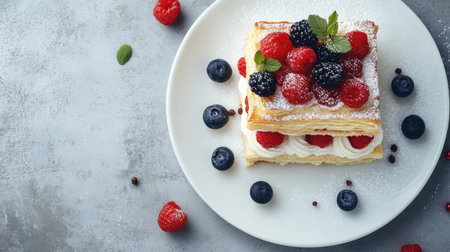 A top view of a classic French millefeuille dessert with layers of flaky pastry, vanilla cream, and fresh berries, placed on a white plate on a gray concrete table.の素材