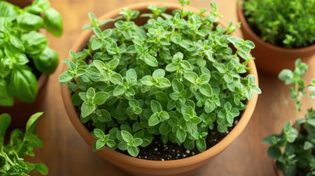 A top view of oregano growing in a terracotta pot, surrounded by other culinary herbs on a sunny kitchen windowsill.の素材