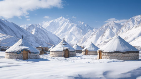A winter scene of traditional Kyrgyz yurts, surrounded by snow and towering mountains, creating a picturesque tourist camp.の素材