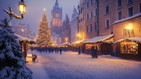 A winter wonderland in Krakow, Poland, with a glowing Christmas tree and the Cloth Hall creating a stunning holiday scene on the Main Market Square.の素材