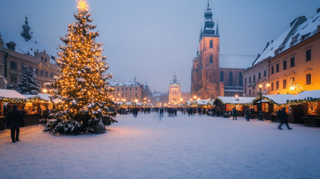 A winter wonderland in Krakow's Main Market Square, with a decorated Christmas tree glowing in front of the historic Cloth Hall, surrounded by snow-covered streets.の素材