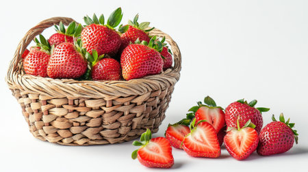 A woven basket brimming with red, juicy strawberries placed next to strawberry slices on a crisp white background. A bright and appetizing arrangement.の素材