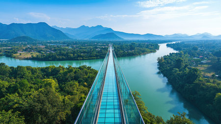 Aerial view of Kanchanaburiaes glass skywalk, offering breathtaking vistas of the river and distant mountains under a clear summer sky.の素材