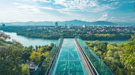 An exhilarating view from Kanchanaburi's Skywalk Observation Deck, with the transparent glass floor showcasing the city and river below, surrounded by summer's vibrant greenery.の素材