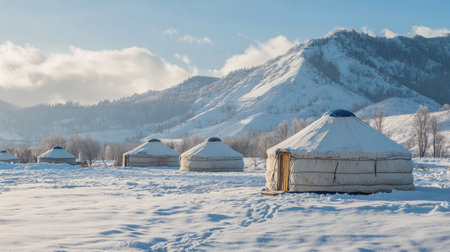 A yurt camp in a snow-covered valley, with traditional yurts offering a cozy refuge against the backdrop of the majestic highlands.の素材