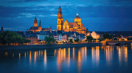 An evening view of the Mainz Cathedral in Germany, with the historic structure illuminated against a deep blue sky, casting a majestic presence over the city.の素材