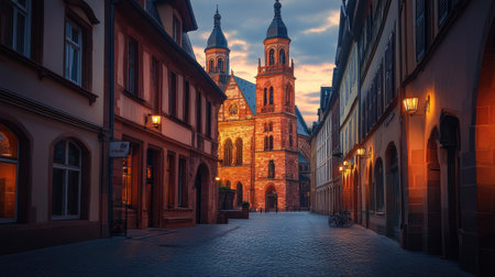 An evening at the Mainz Cathedral, with the Gothic architecture glowing softly under the evening lights, and the sky transitioning from day to night.の素材