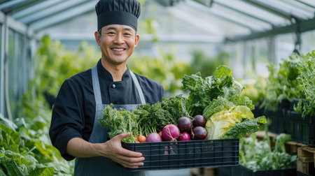Asian chef holding a crate of organic vegetables in a greenhouse, smiling at the camera. Ideal for promoting sustainable farming and fresh produce.の素材