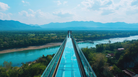 Aerial view of Kanchanaburiaes glass skywalk, offering breathtaking vistas of the river and distant mountains under a clear summer sky.の素材