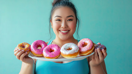 Asian young plus-size sportswoman in fitness attire, holding a plate of donuts, and smiling as she picks her favorite flavor. A fun blend of healthy living and sweet cravings.の素材
