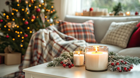 Christmas candles burning on a white table, with a sofa in the background draped in plaid blankets and pillows. A cozy home setup for the holidays.の素材