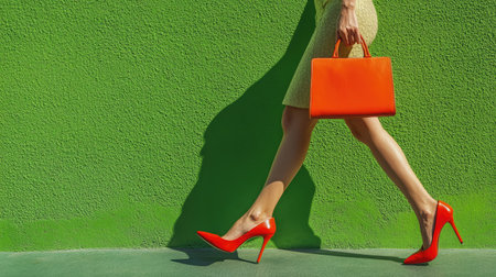 Beautiful legs in red high heels and an orange bag, striding gracefully against a bold green wall. Fashionable and chic.の素材