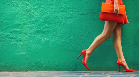 Beautiful legs in red high heels and an orange bag, striding gracefully against a bold green wall. Fashionable and chic.の素材