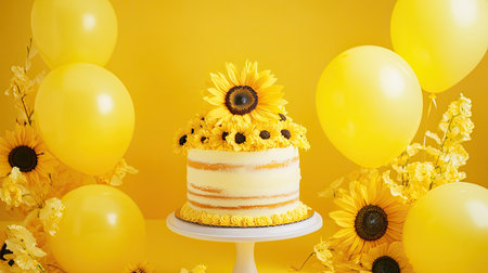 Bright sunflower cake smash setup featuring a sunflower-topped cake, yellow balloons, and a vibrant yellow background, creating a cheerful and festive atmosphere.の素材