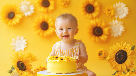 Bright and lively cake smash setup with sunflower decorations, a yellow frosted cake, and sunflower-themed props on a vibrant yellow background. Perfect for birthdays.の素材