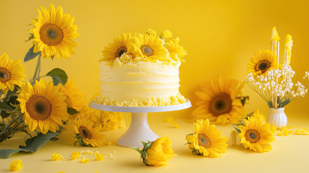 Bright and lively cake smash setup with sunflower decorations, a yellow frosted cake, and sunflower-themed props on a vibrant yellow background. Perfect for birthdays.の素材