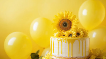 Bright sunflower cake smash setup featuring a sunflower-topped cake, yellow balloons, and a vibrant yellow background, creating a cheerful and festive atmosphere.の素材