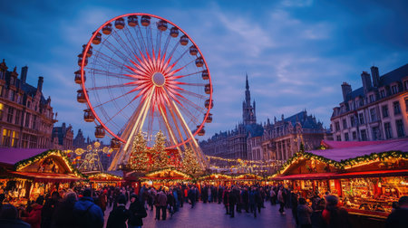 Brussels' Christmas market in full swing, with a grand Ferris wheel glowing brightly and lively crowds adding to the festive atmosphere, creating a perfect holiday scene.の素材