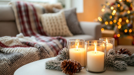 Christmas decoration with burning candles on a white table, cozy sofa with plaid blankets and pillows in the background. A warm and festive holiday scene in a cozy home.の素材