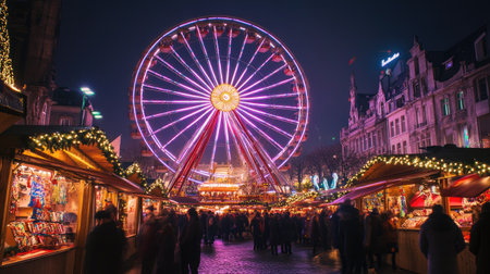 Brussels' Christmas market comes alive with a brightly lit Ferris wheel and festive crowds, creating a magical atmosphere full of holiday cheer and vibrant energy.の素材