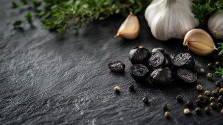 Black garlic cloves scattered on a dark slate surface, with fresh garlic bulbs and herbs in the background, emphasizing the contrast between raw and fermented garlic.の素材