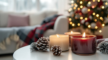 Christmas decoration with burning candles on a white table, cozy sofa with plaid blankets and pillows in the background. A warm and festive holiday scene in a cozy home.の素材